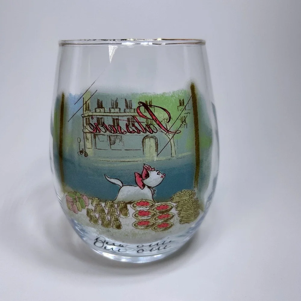 Disney Aristocats Marie Paris Tumbler Wine Glass Gold Rim Parisian‎ Patisserie